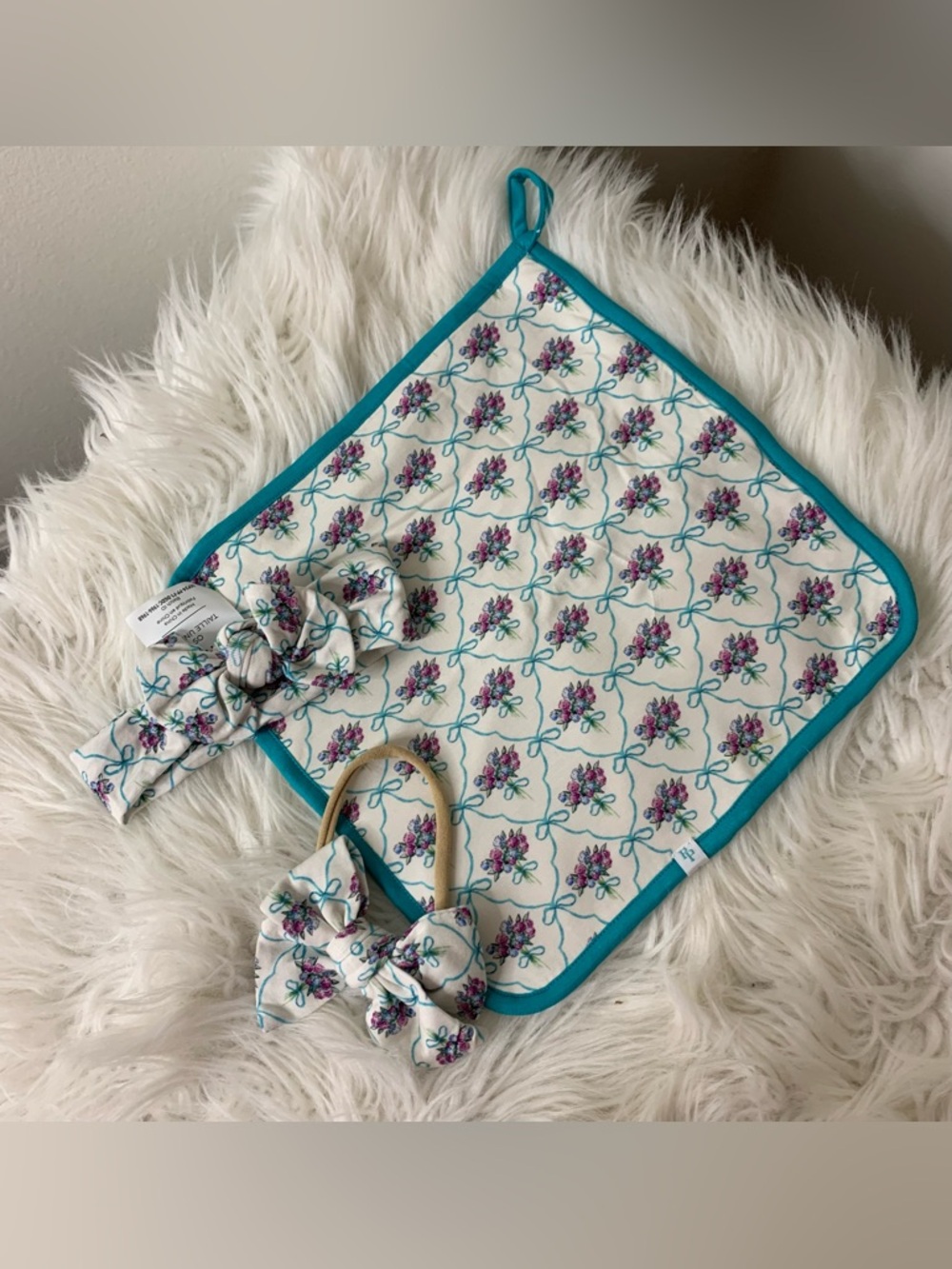 Posh Peanut Floral Turquoise Trim Baby Lovey and Bow Headband Set